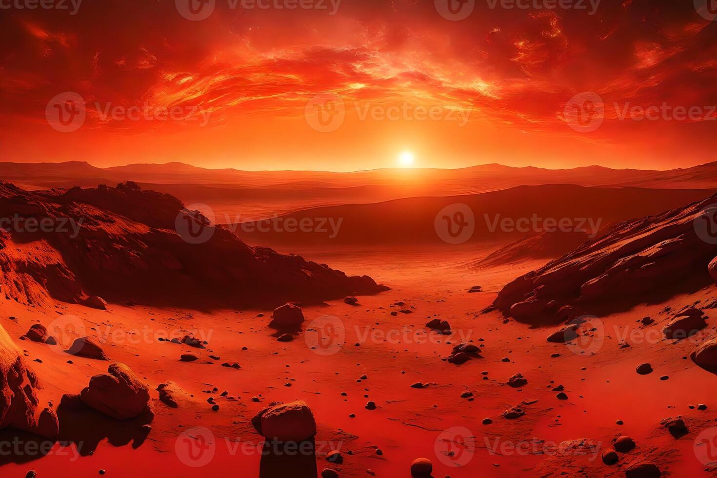 The picture shows the sunset on Mars The sky and ground meet in the picture, and it is colored in red and gold shades photo