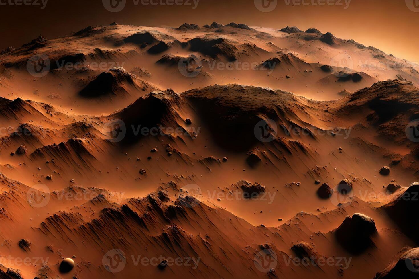 desde el planeta Marte, usted lata ver un distante ver de tierra ese tiene colinas y muy profundo valles esta lata ser visto en un específico parte de Marte conocido como el tharsis región ai generado foto