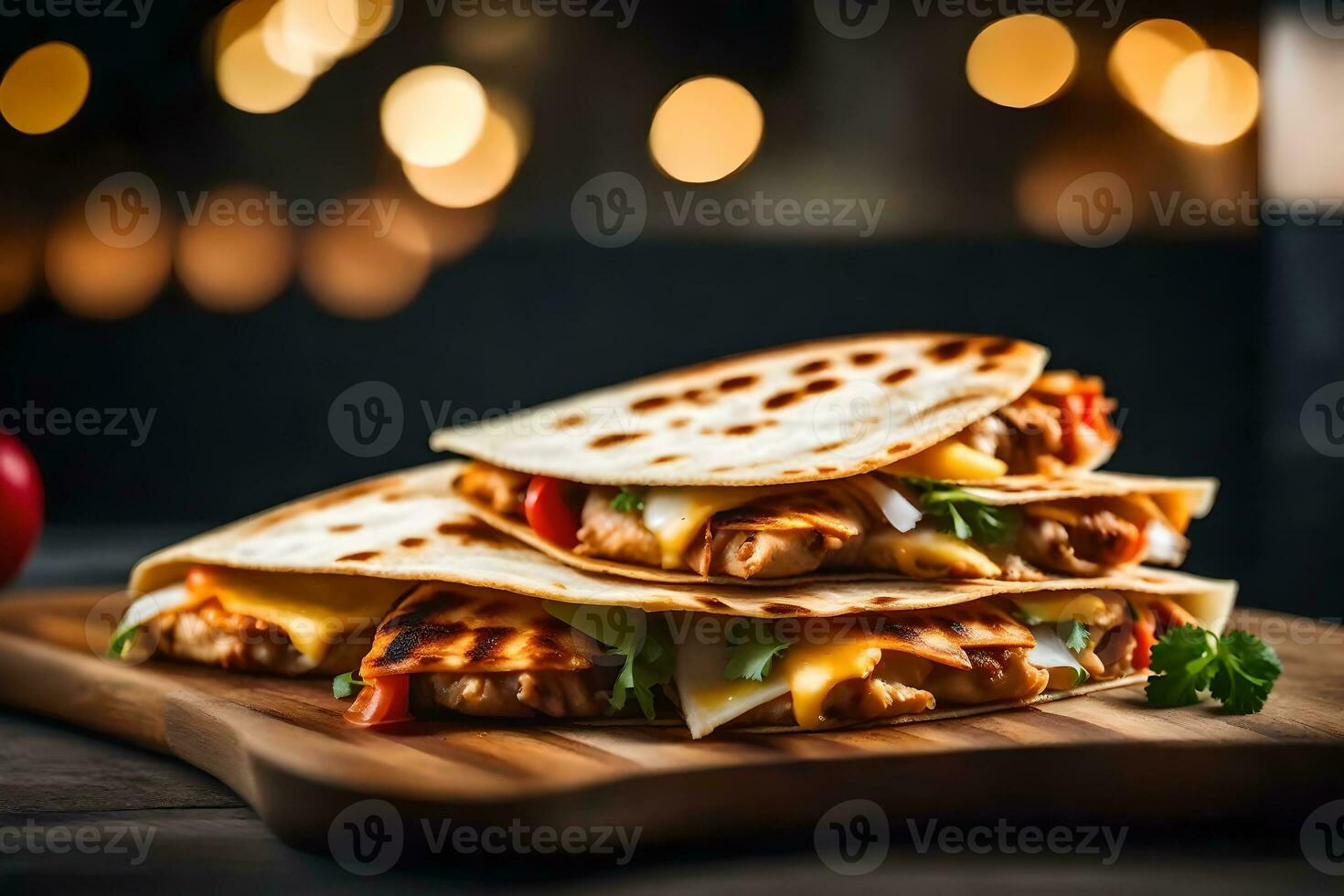 This is a close up picture of a yummy Chicken Quesadilla, with a blurry background AI Generated photo