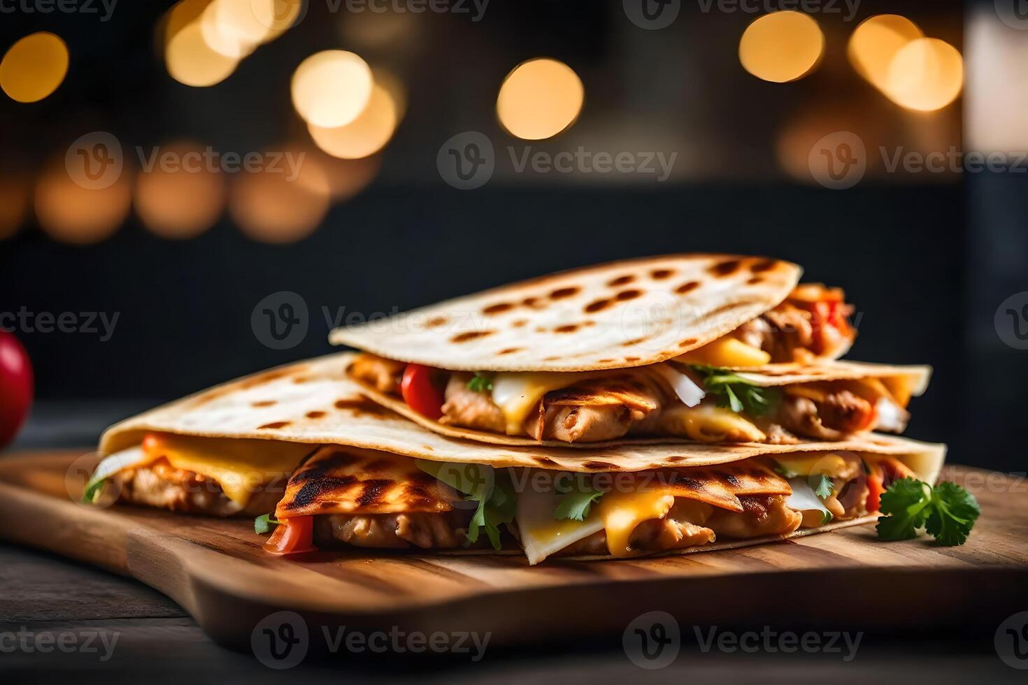 esta es un cerca arriba imagen de un sabroso pollo Quesadilla, con un borroso antecedentes ai generado foto