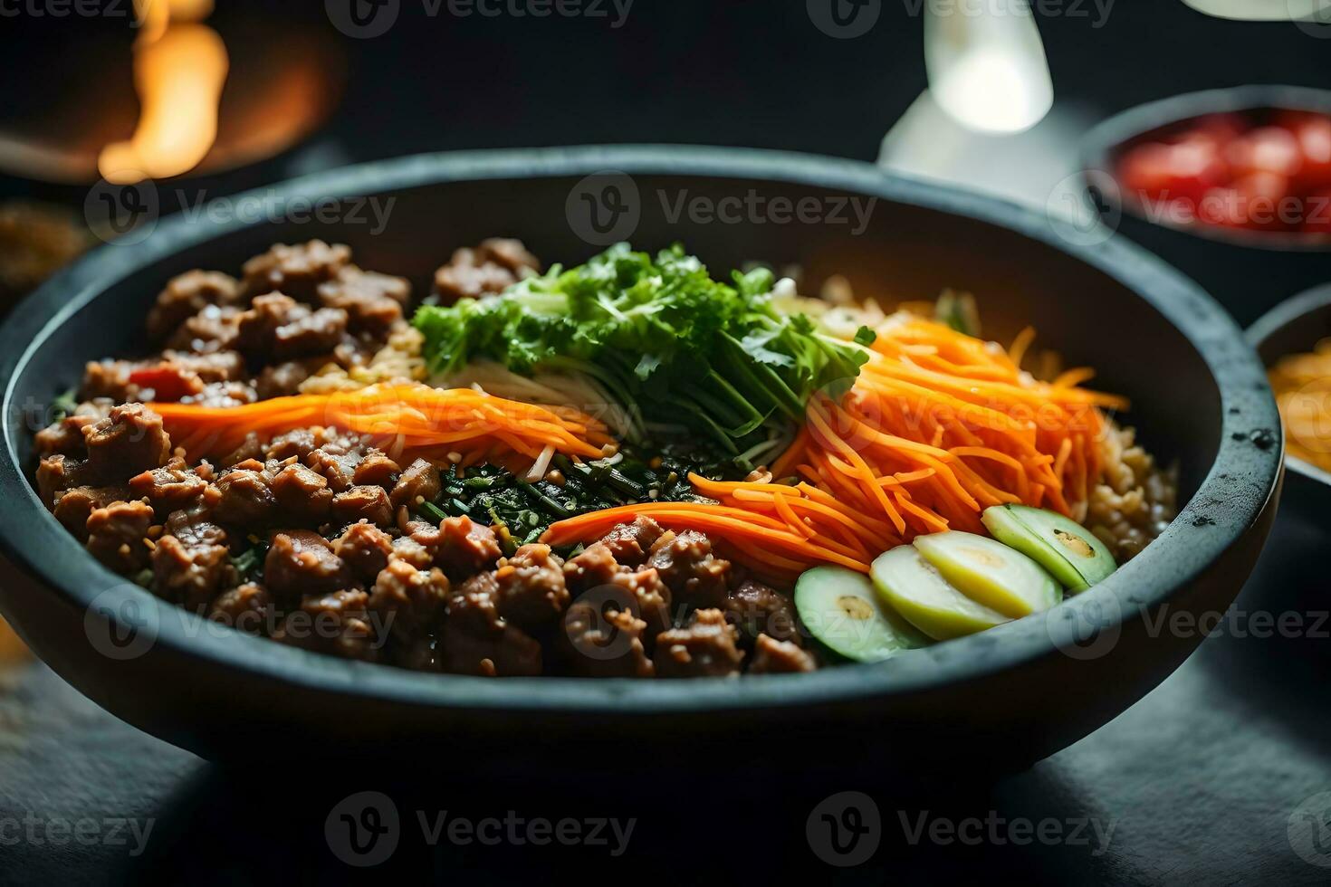 The camera is moving closer to display a tasty and well liked Korean meal known as Bibimbap Sometimes, it can be hard to know and understand things and figure out why they occur AI Generated photo