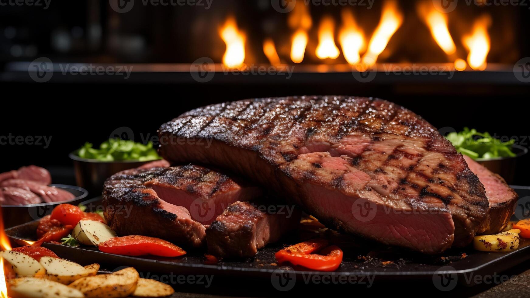 close up of meat on the grill and group of friends at background. photo