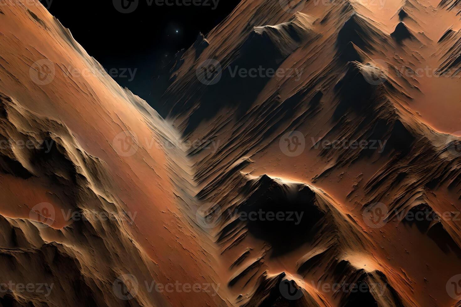 The rough and hilly terrain with deep valleys in Valles Marineris on Mars appear very beautiful when viewed from outer space AI Generated photo