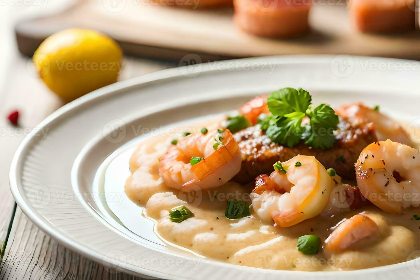 A photo of a plate with Shrimp and Grits taken close in a studio with a very bright background AI Generated