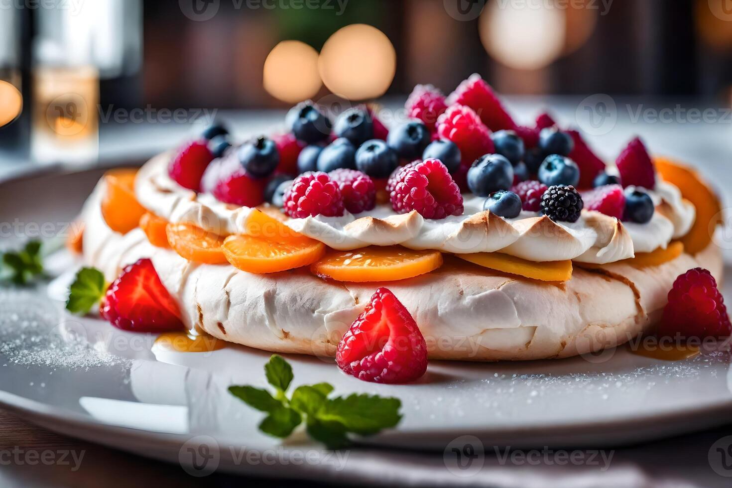 This text is about a delicious dessert called Pavlova and why it is unique or significant There is a nice restaurant behind this place photo