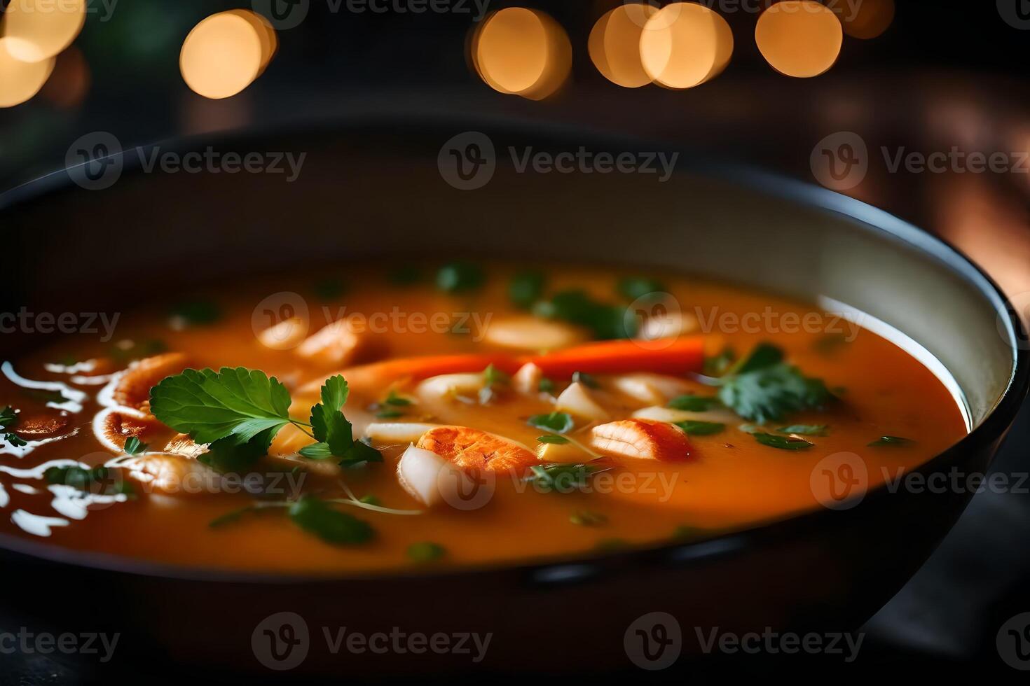 Take a close look at a delicious bowl of Tom Yum Soup, with a slightly blurry background photo