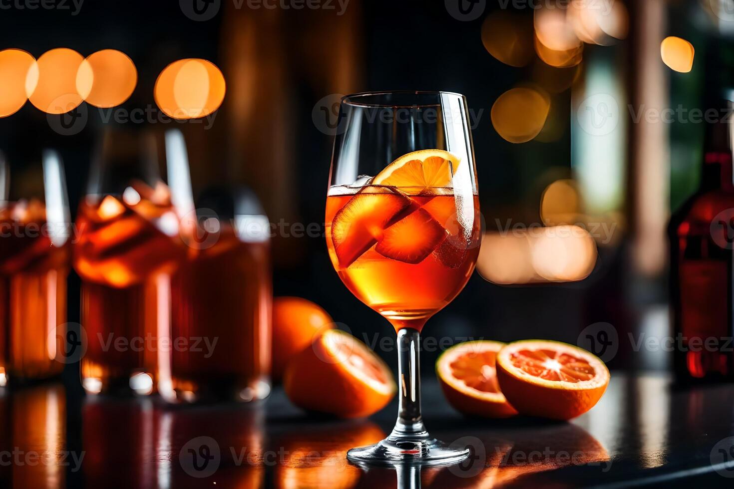 The camera zooms in on Aperol Spritz, while there is a nice restaurant in the background photo