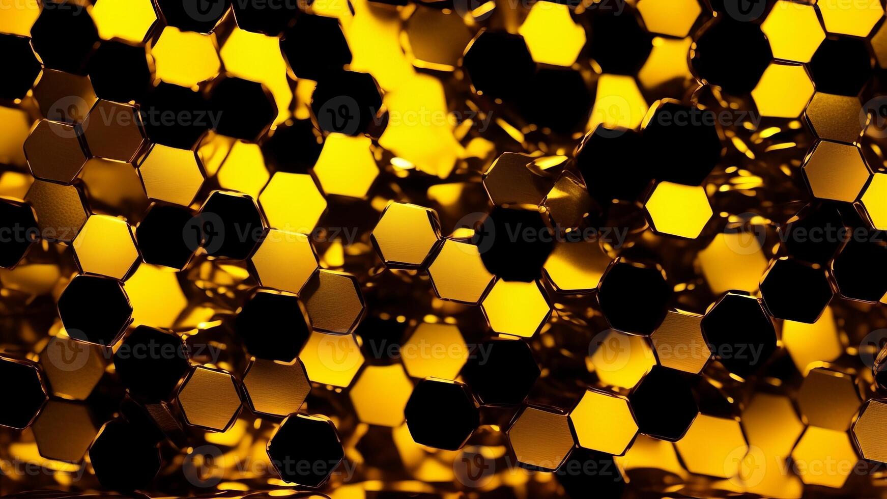 Luxury hexagonal abstract black metal background with golden light lines. photo