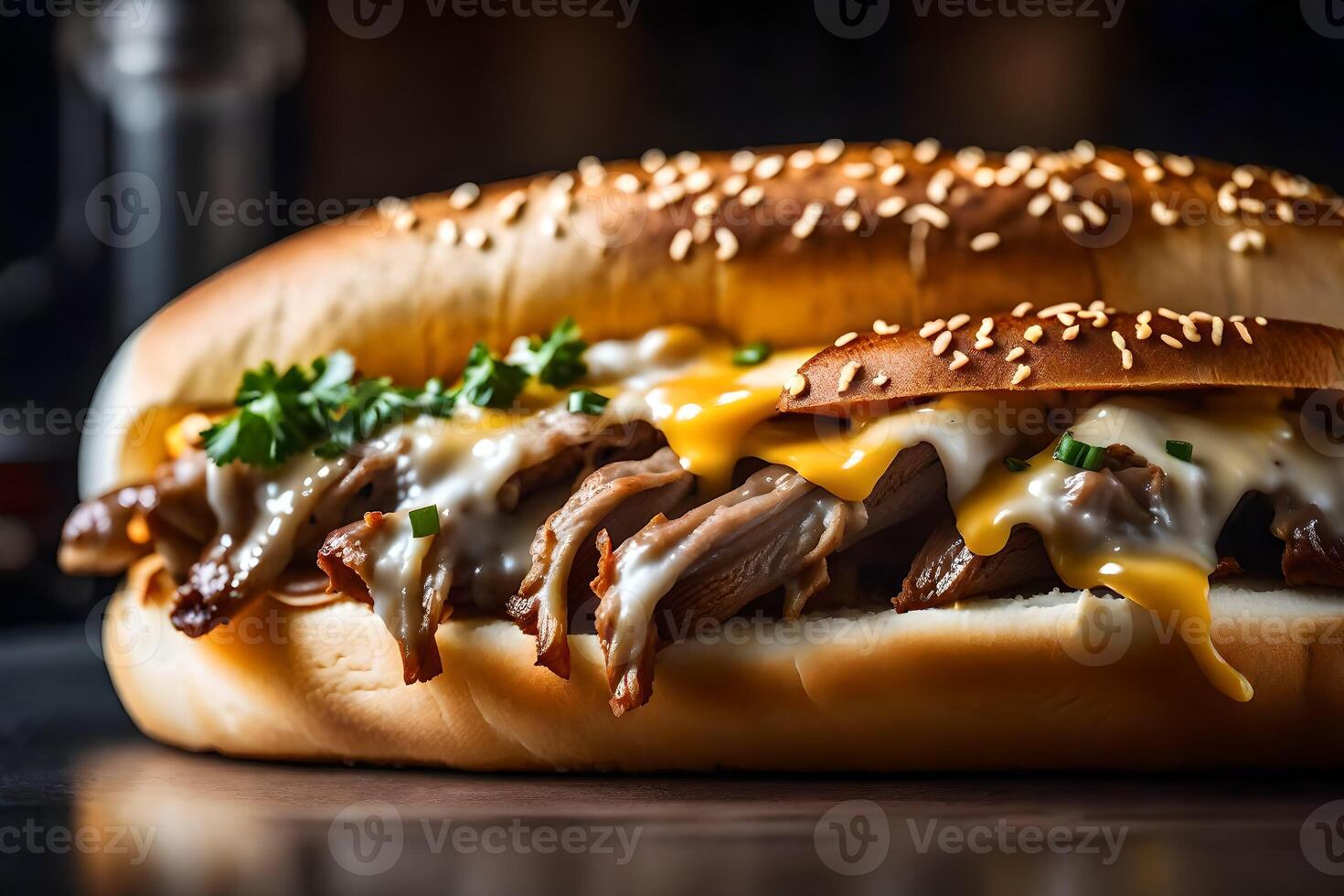 This is a clear image of a sandwich called Philly Cheesesteak The room has a very bright light at the rear photo