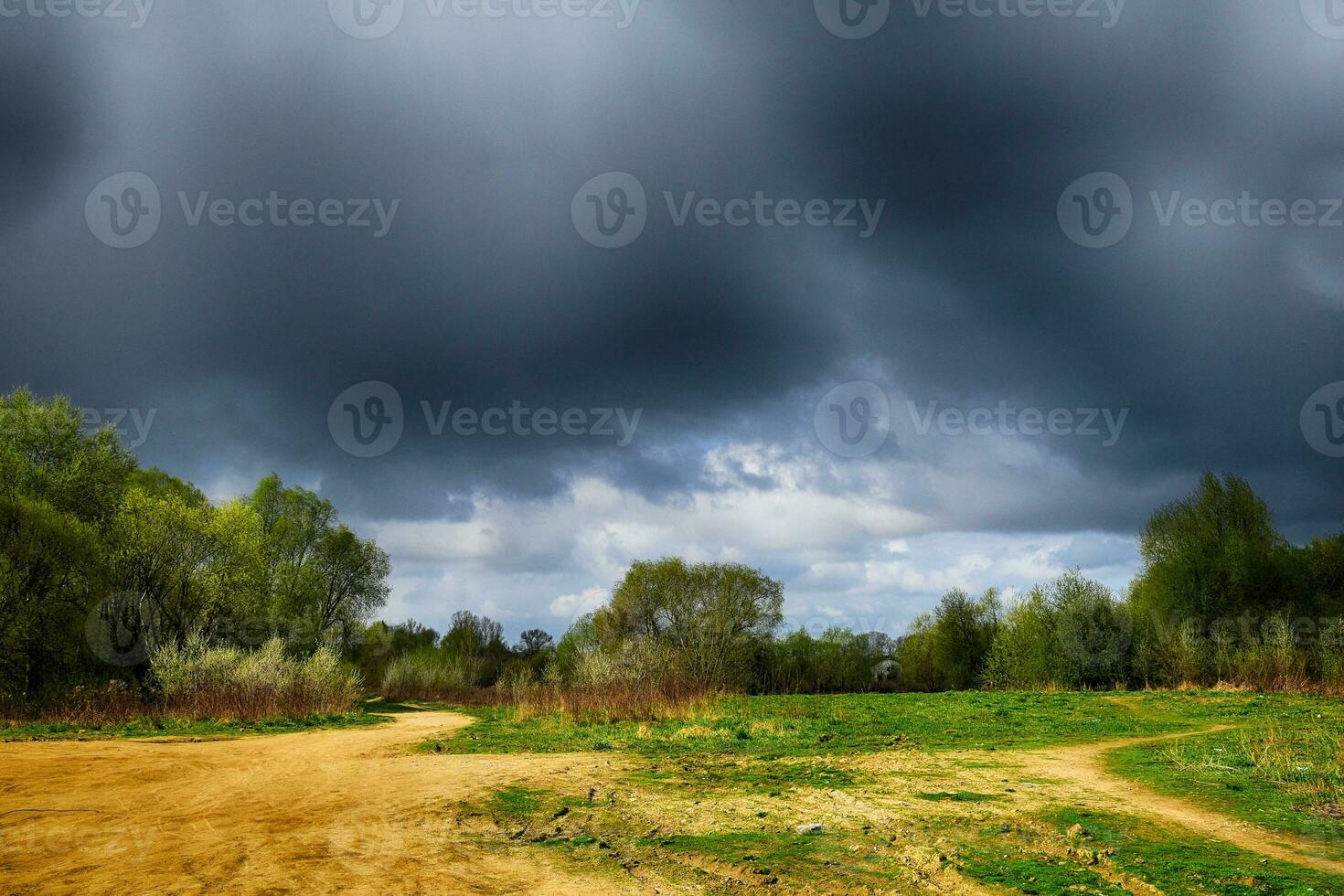 a springtime landscape with green trees and a stretched storm on the horizon photo