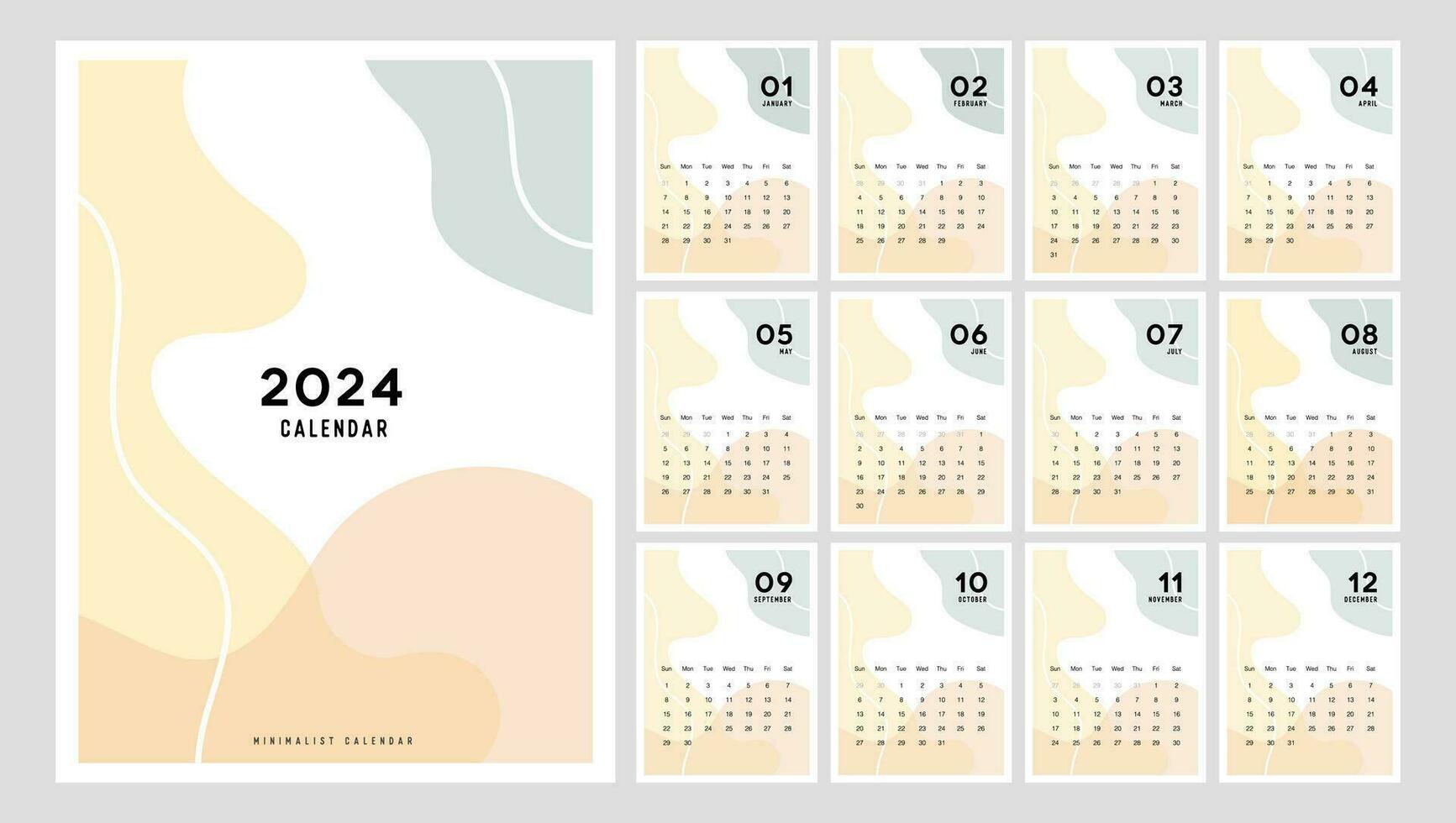 2024 Calendar planner Minimalist Style. Modern minimal calendar 2024 planner design for printing template set of 12 pages desk. vector illustration