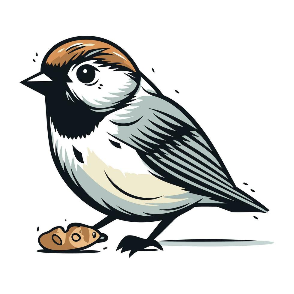 Illustration of a cute little sparrow eating a piece of bread vector