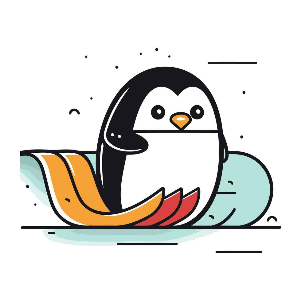 Cute cartoon penguin swimming in the sea. Vector illustration.