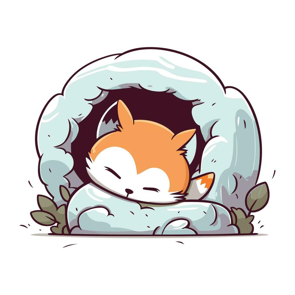 Cute fox sleeping in a cave. Vector illustration. Isolated on white background.