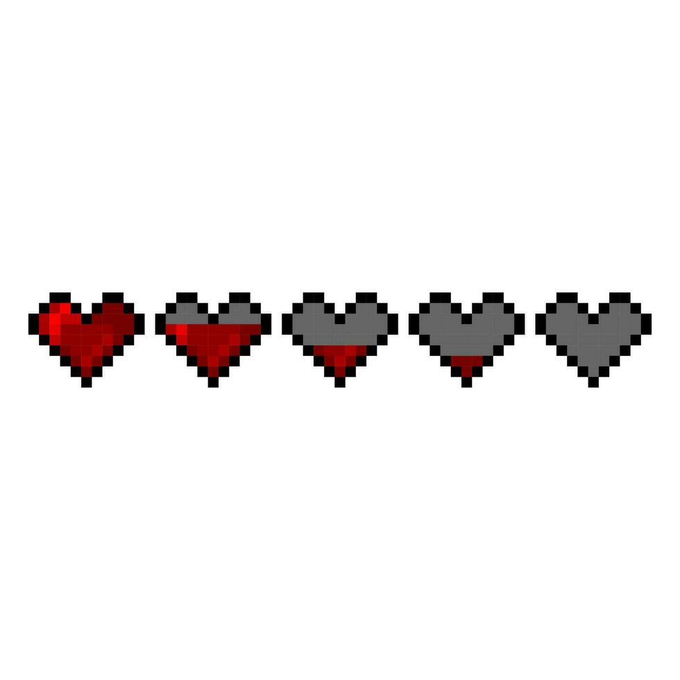 Set of 8 bit pixel style life level heart icons. 8 bit game life indicator vector