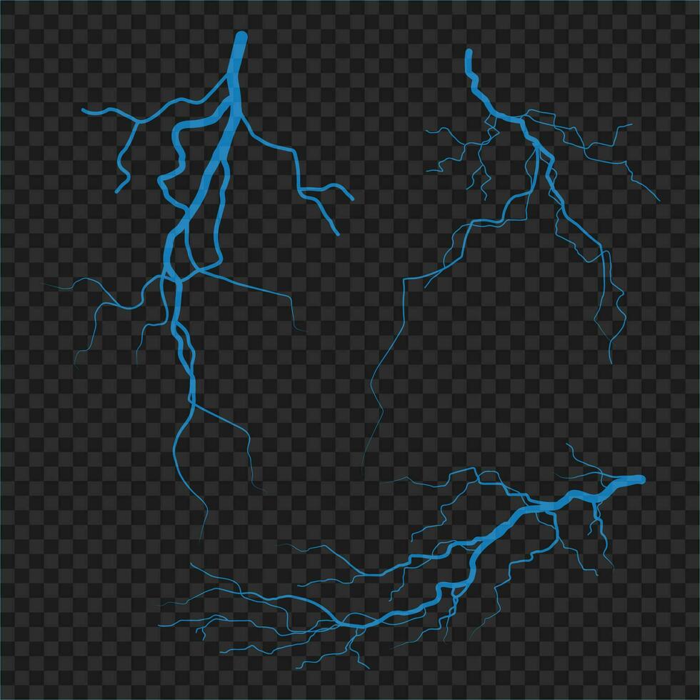 Blue lightning collection vector elements on a dark background. Illustration of bolt strike, thunderstorm design. Lightning during rainstorm