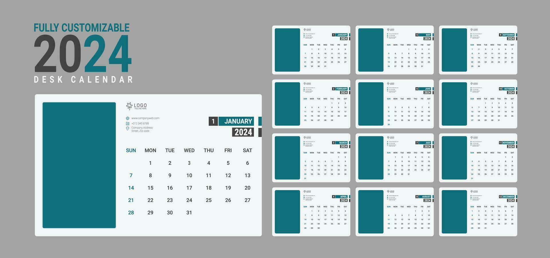 Clean and Minimalist New Year Desk Calendar 2024, Clean Calendar design with photo space vector