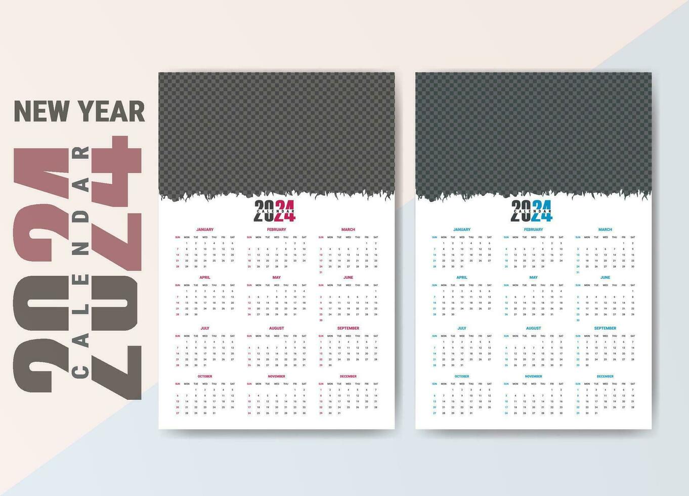 uno página pared calendario 2024, imprimible calendario modelo diseño con personalizado foto espacio en antecedentes. nuevo año calendario, 12 meses calendario semana empieza en domingo vector