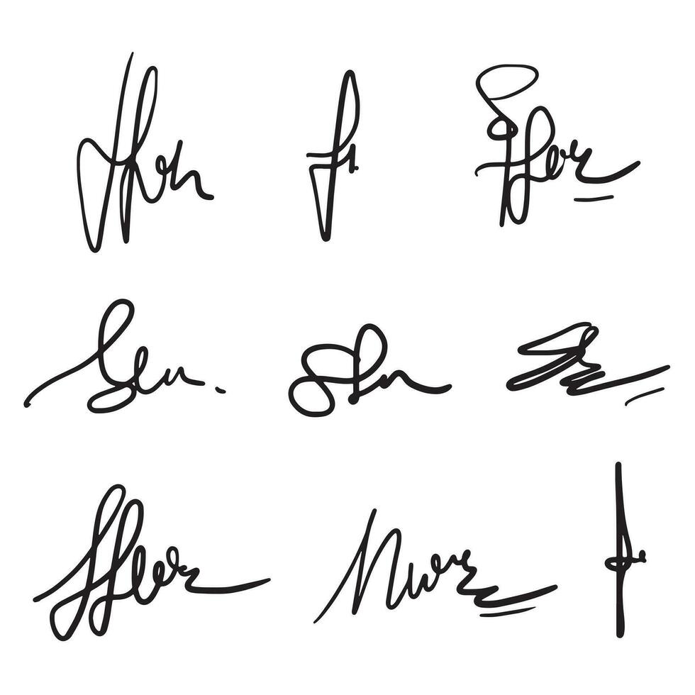 dibujado a mano firmas, conjunto ficticio contrato firmas negocio autógrafo ilustración. vector