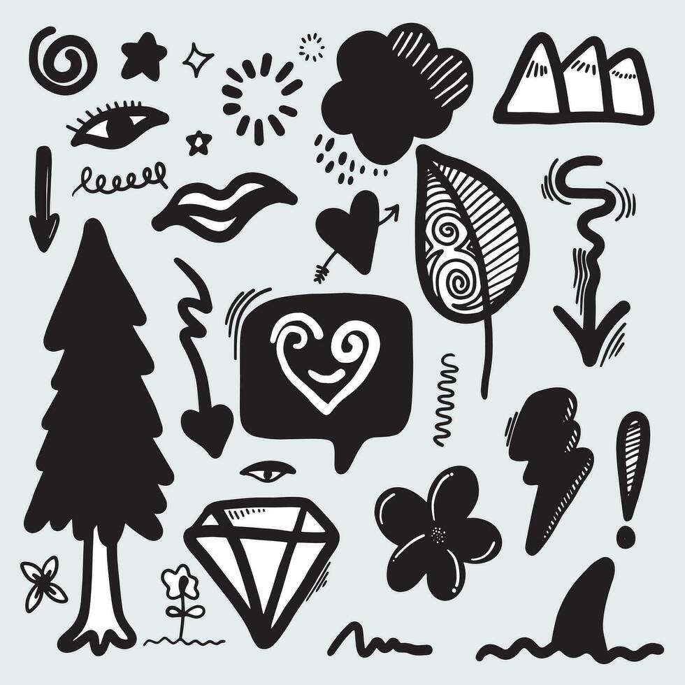 Hand drawn doodle design elements. cloud, Arrow, heart, leaves, star,tree and other vector