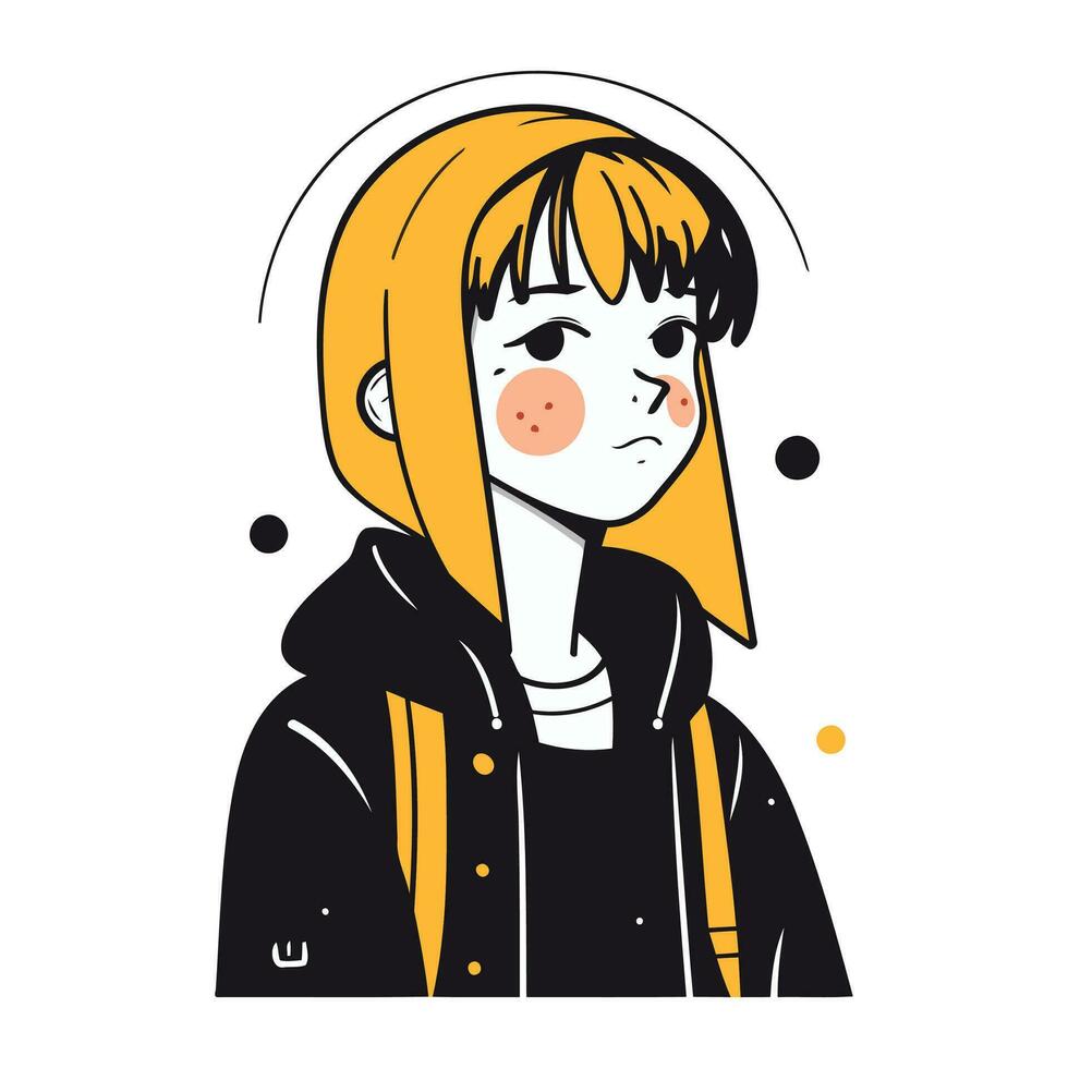 Vector illustration of a young woman with a sad face in a jacket