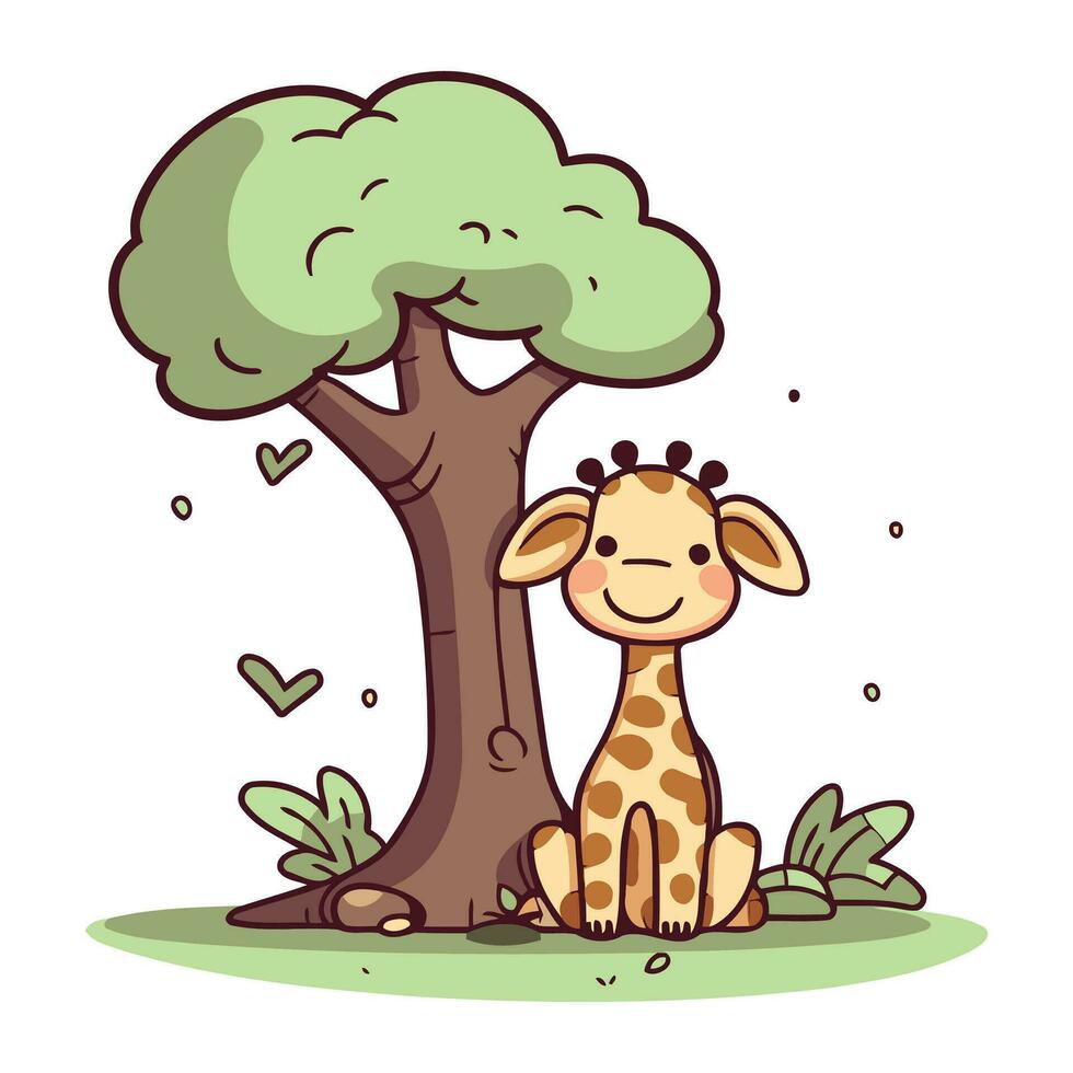 Giraffe and tree. Vector illustration of a cute animal.