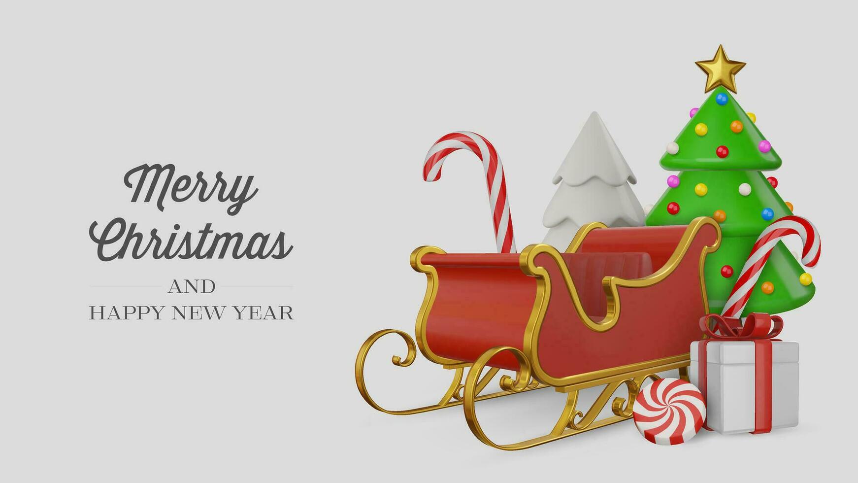 merry christmas card with santa claus sleigh and christmas tree. christmas banner with 3d elements vector