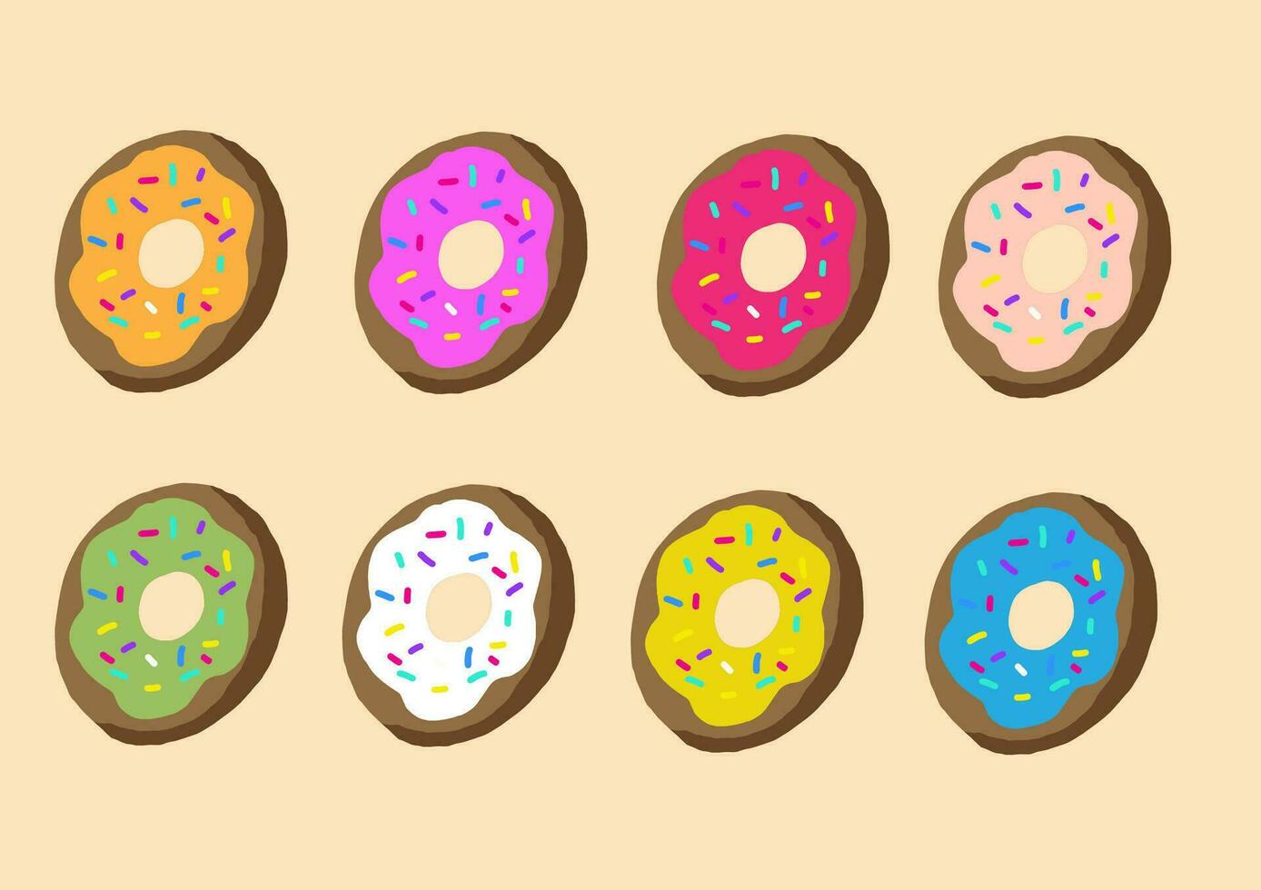 Donut vector set isolated on a cream color background. Donut collection. Sweet sugar icing donuts. break time with white chocolate, strawberry and chocolate donuts top view.