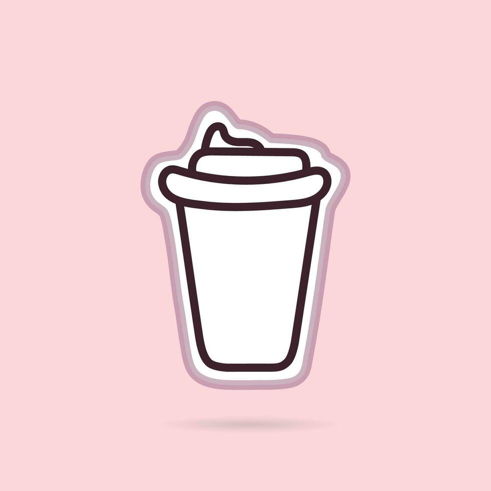 Hand drawn paper coffee cup vector illustration concept, logo text creation on coffee cup, color sticker, patch label isolated on pink.