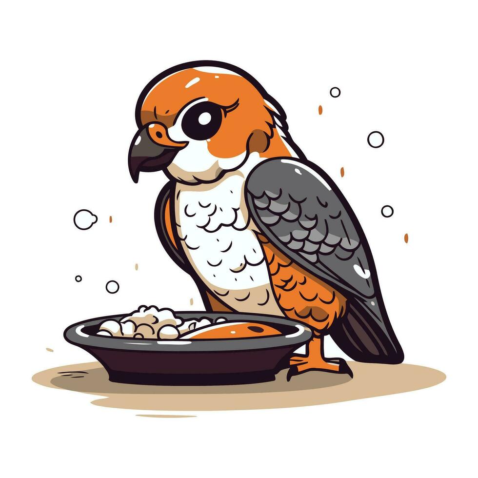 Cute parrot with bowl of oatmeal. Vector illustration.