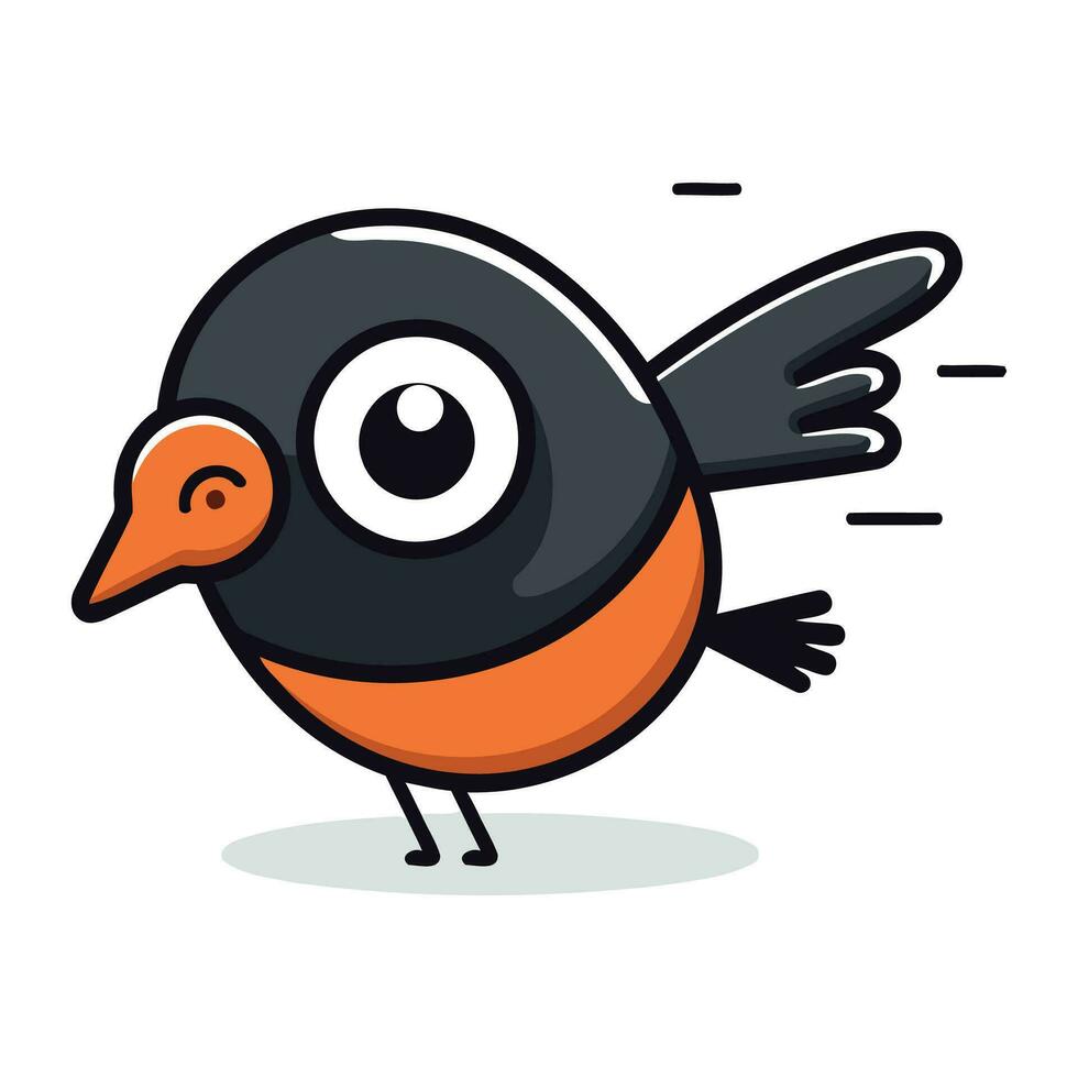 Cute little black and orange bird with big eyes. Vector illustration.
