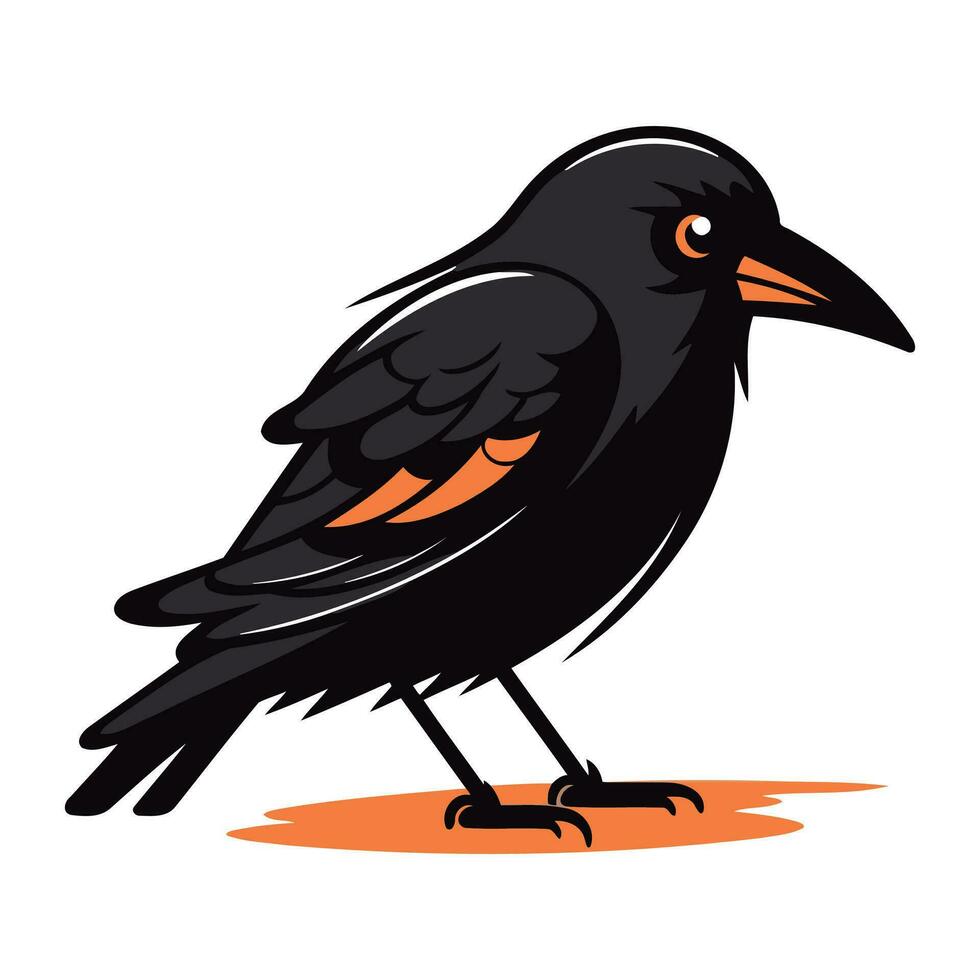Black crow isolated on white background. Vector illustration in cartoon style.