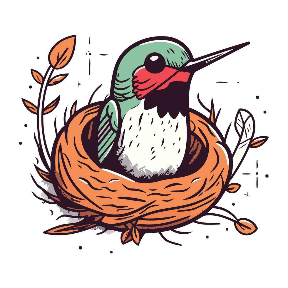 Cute bird sitting in the nest. Hand drawn vector illustration.