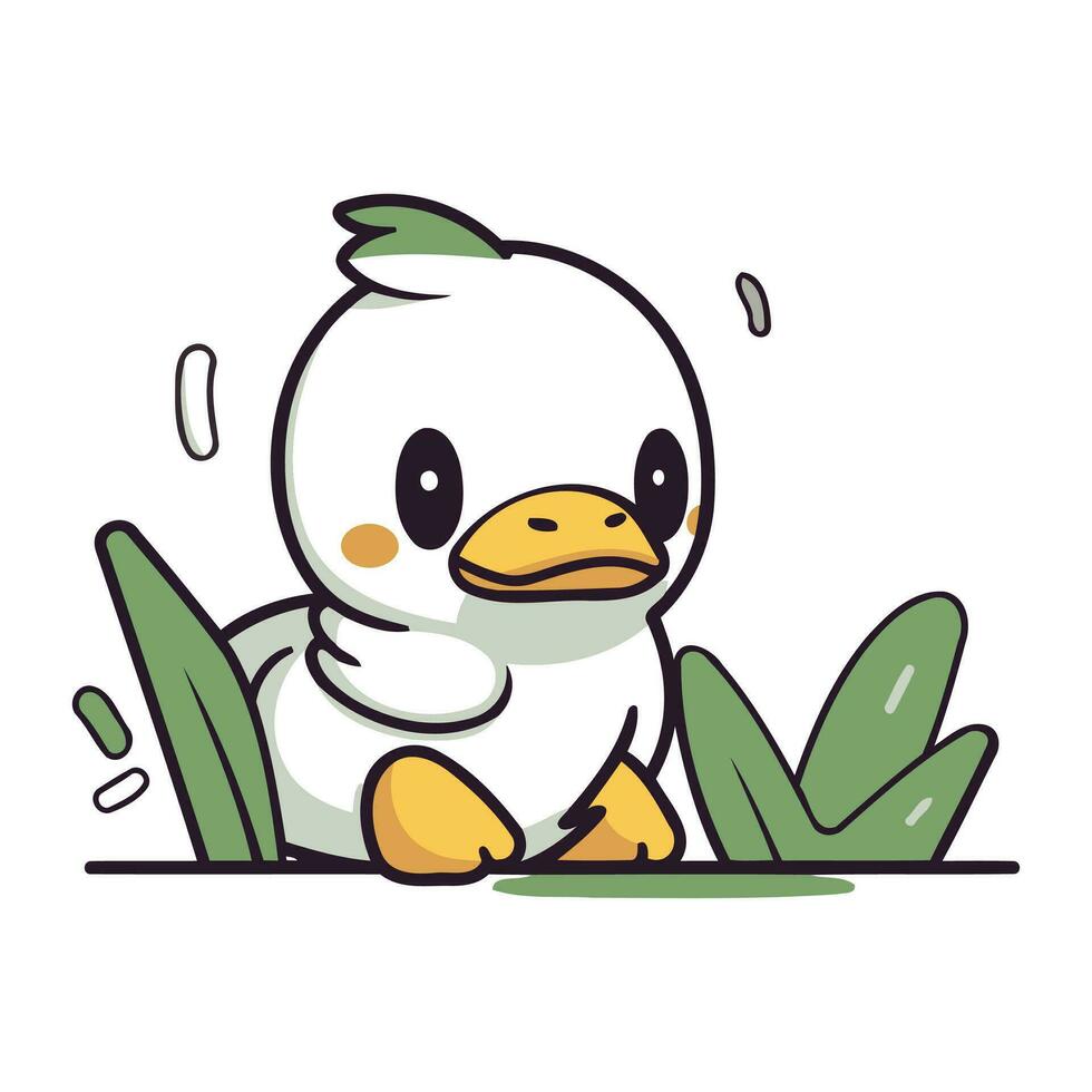 Cute penguin sitting on grass. Vector illustration in cartoon style.