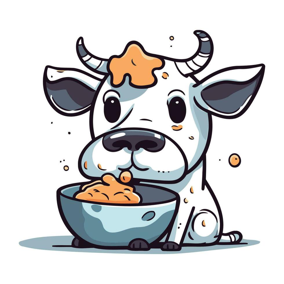 linda dibujos animados vaca con cuenco de cereales. vector ilustración.