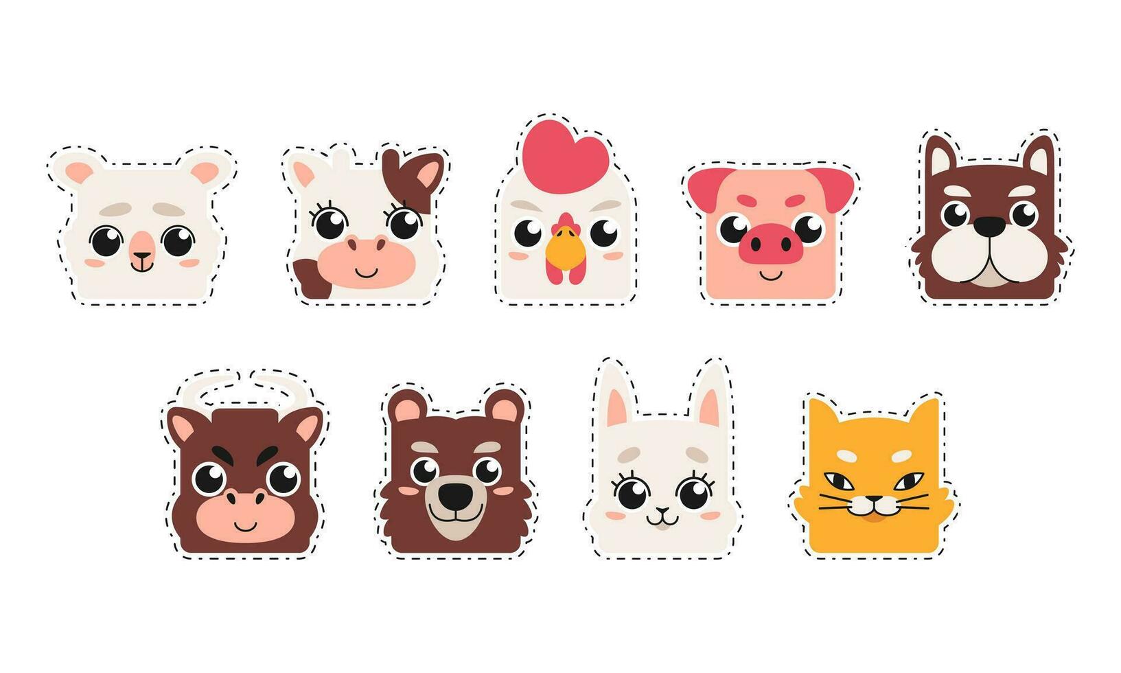 Cute Head Animal Sticker Set vector