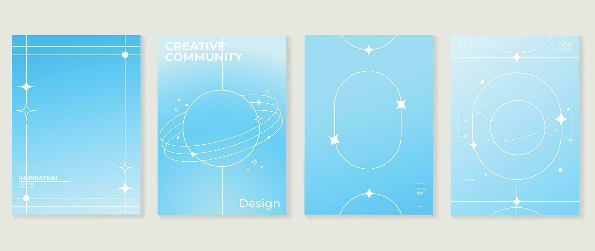 Gradient cover set. Cute gradient holographic background vector with vibrant colors, sparkle, star, border. Y2k trendy wallpaper design for social media, cards, banner, flyer, brochure.