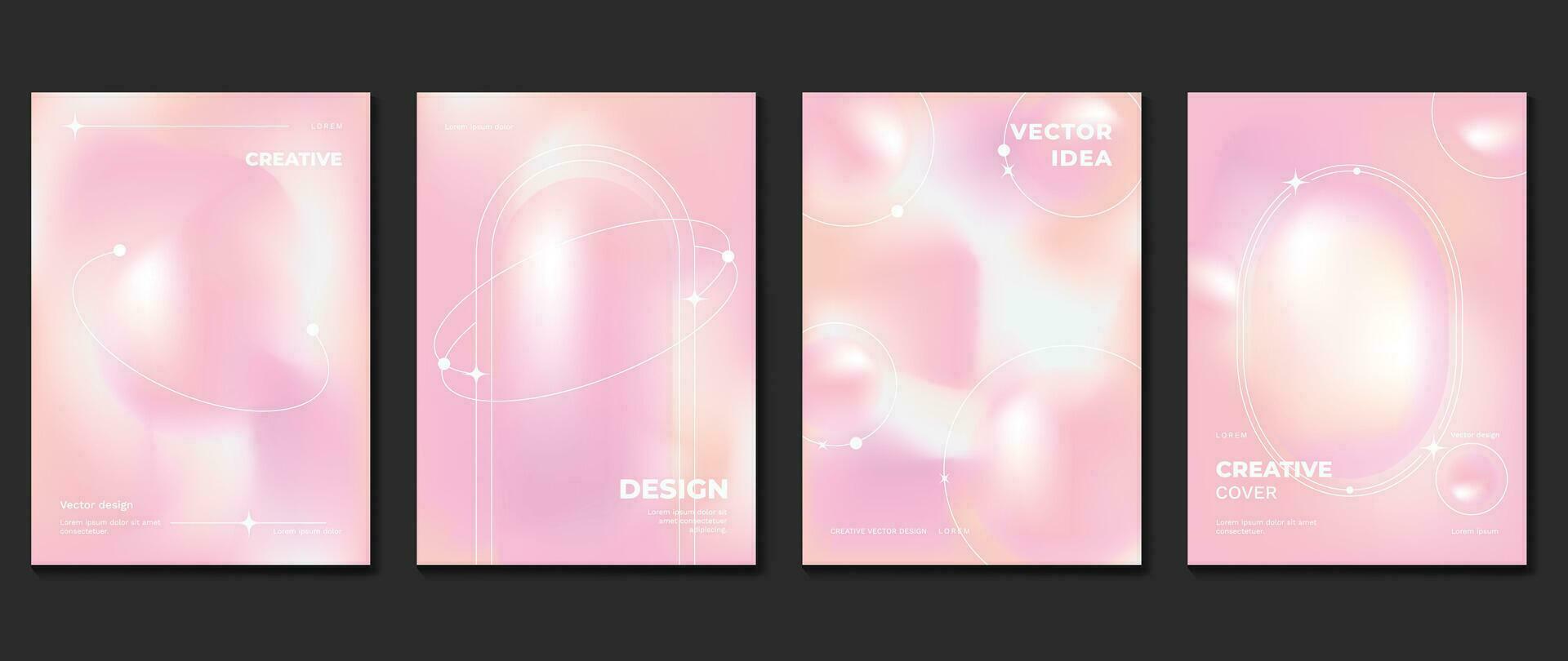 Gradient cover set. Cute gradient holographic background vector with vibrant colors, sparkle, star, border. Y2k trendy wallpaper design for social media, cards, banner, flyer, brochure.