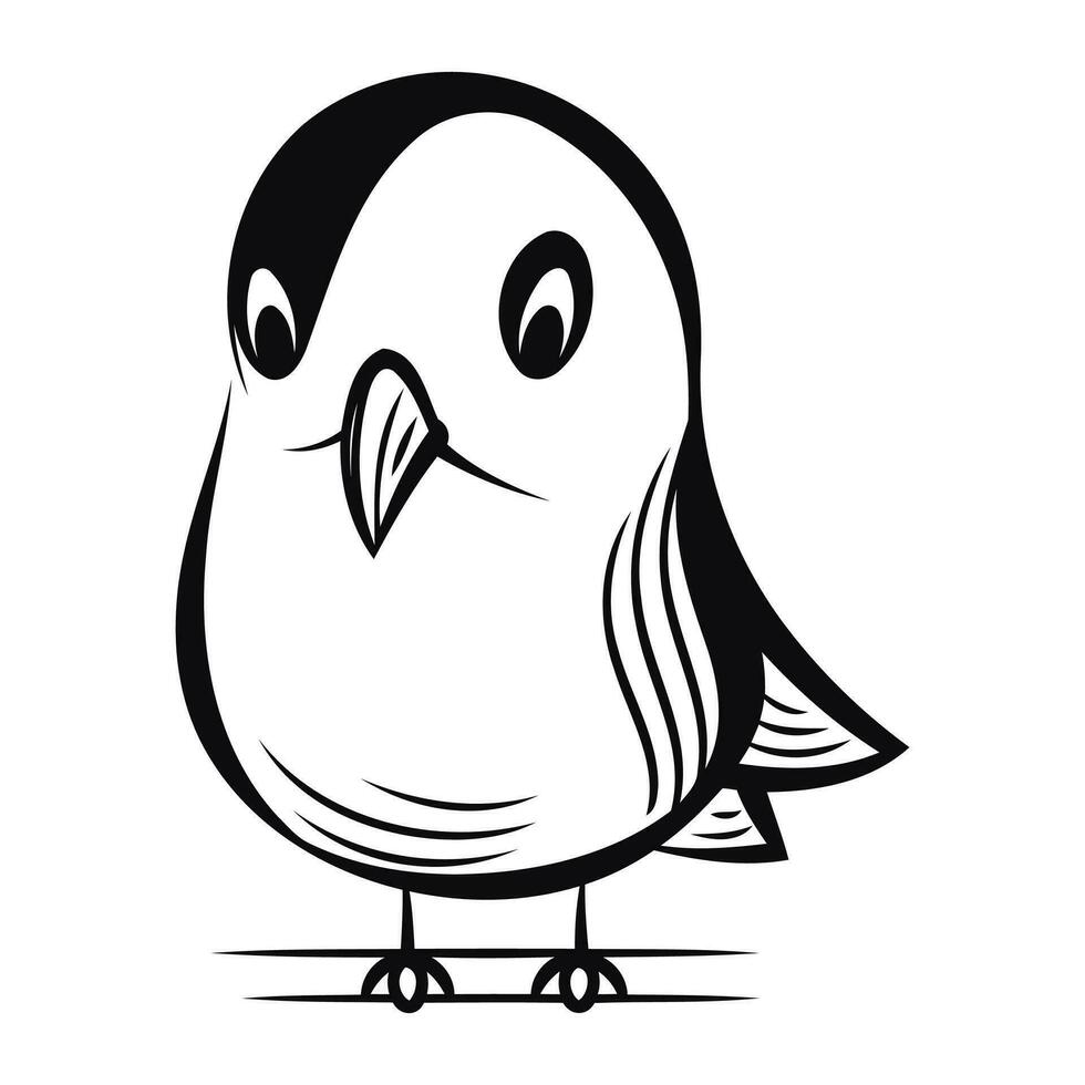 Black and white vector illustration of a cute little bird isolated on white background