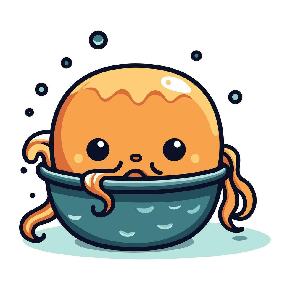 Cute cartoon orange jellyfish in a bowl. Vector illustration.