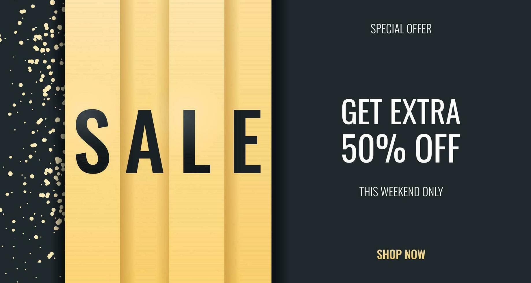 Horizontal sale banner. Web banner with gold stripes on dark background with letters, text, glitter and confetti. Template design for holidays, Black Friday sale. Special Offer, shopping poster. vector