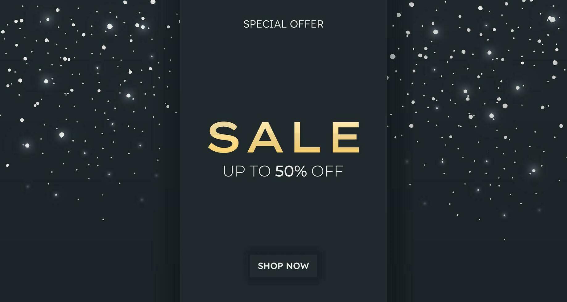 Horizontal sale banner. Web banner with black stripes on dark background with gold letters, glitter and confetti. Template design for holidays, Black Friday sale. Special Offer, luxury shopping poster vector