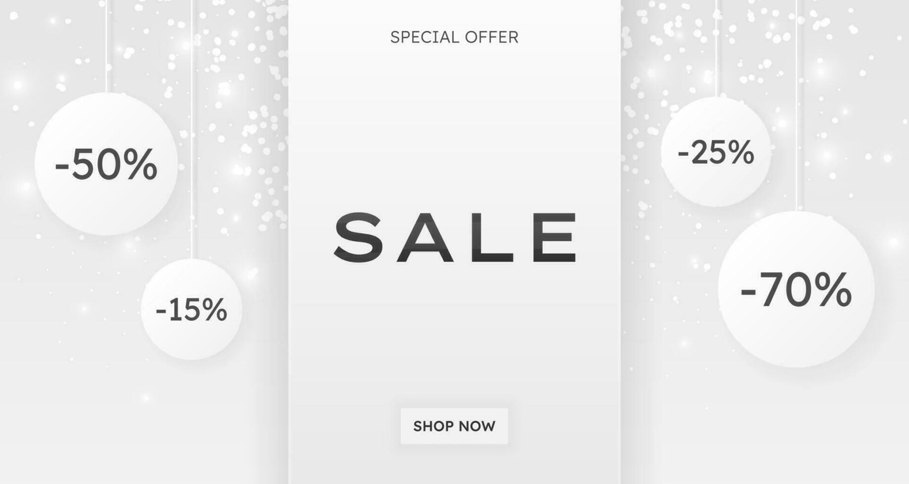 Horizontal sale banner. Web banner with silver stripe on background with text, glitter, circles and confetti. Template design for holidays, Black Friday sale. Special Offer, luxury shopping poster. vector