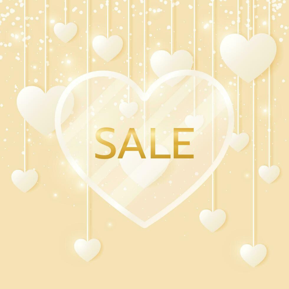 Luxury sale banner with hearts and glitter on gold pastel background for web or social media. Square Poster for Valentine's Day, Mother's Day, Happy Birthday card, promotion, Big or seasonal sale. vector