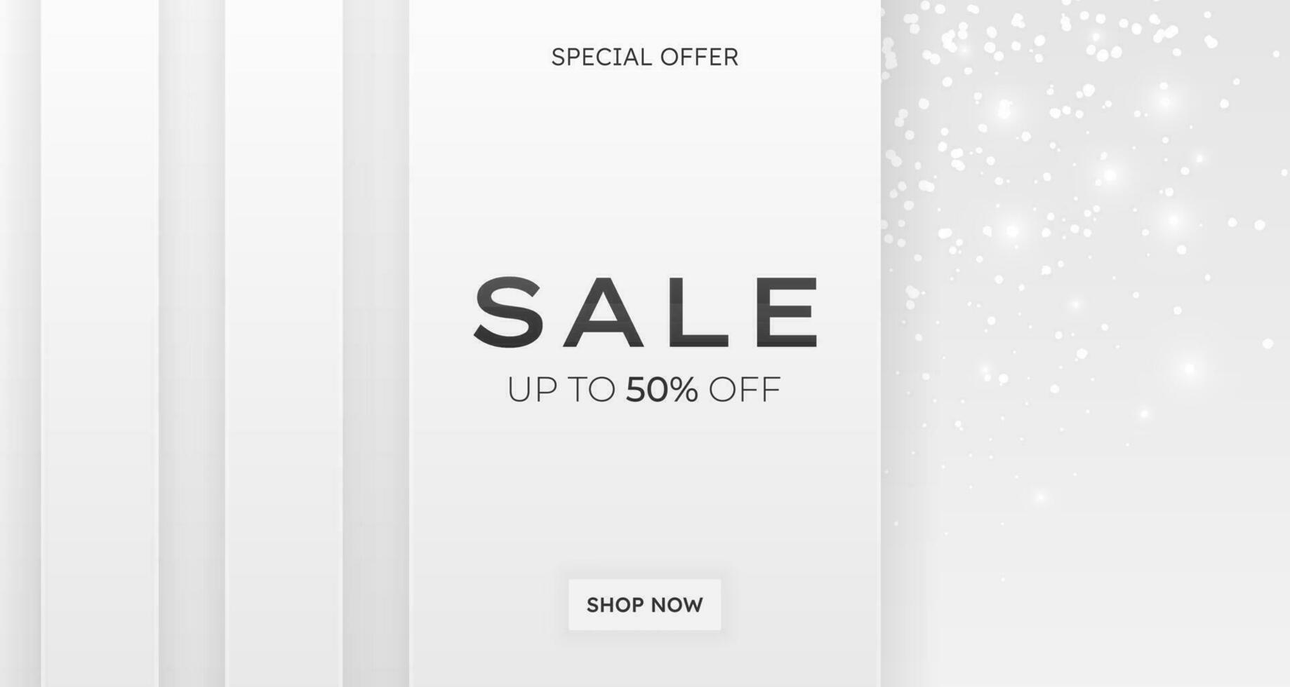 Horizontal sale banner. Web banner with silver stripes on background with text, glitter and confetti. Template design for holidays, Black Friday sale. Special Offer, luxury shopping poster. vector