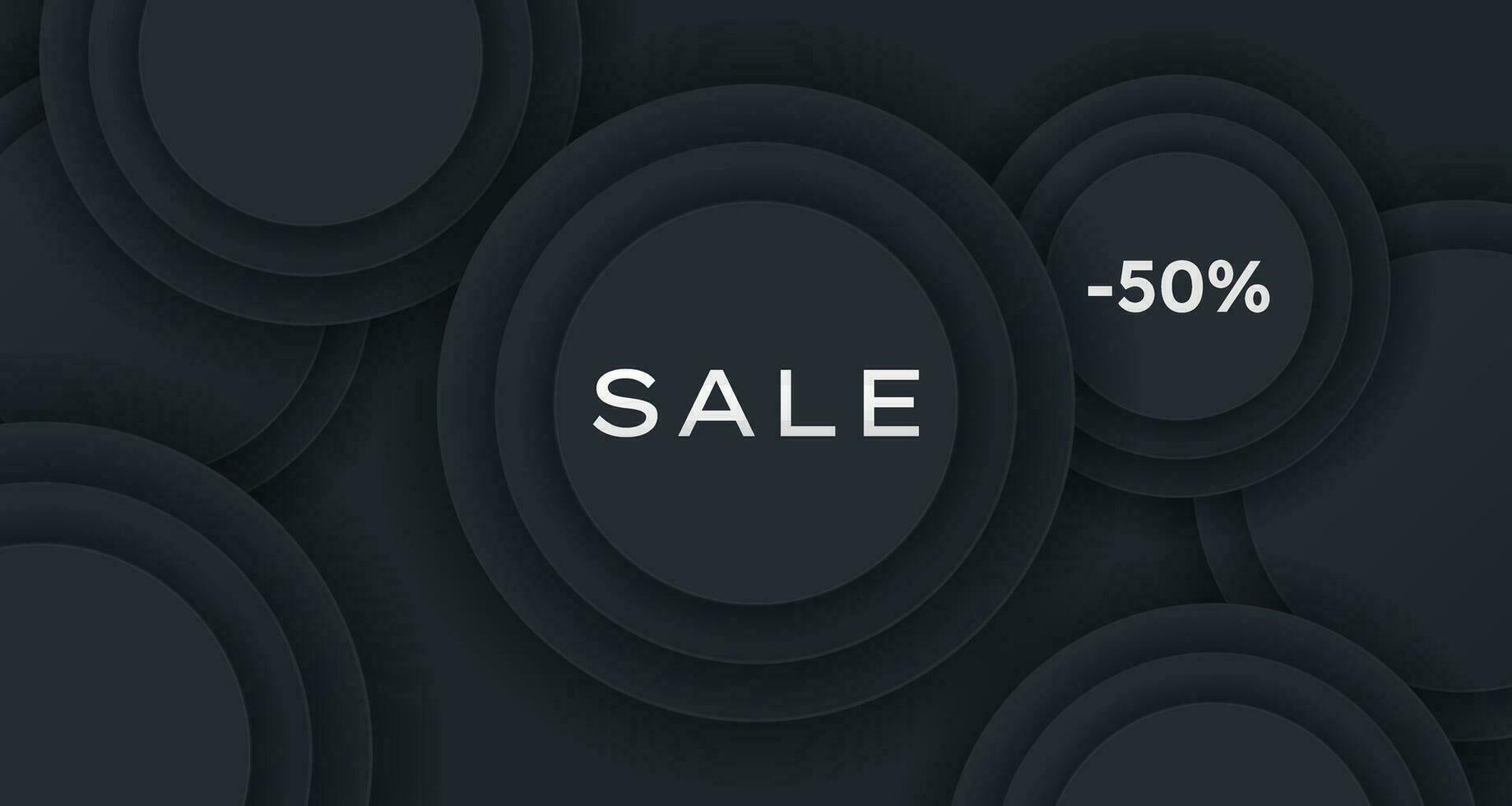 Simple sale banner or shopping poster on dark background with circles. Horizontal template for web, social media. Special Offer, campaign or promotion, Black Friday, Halloween, seasonal sale. vector