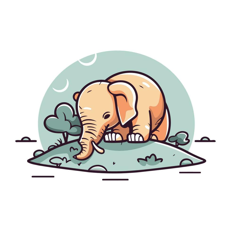 Cute cartoon elephant on the grass. Vector illustration for your design
