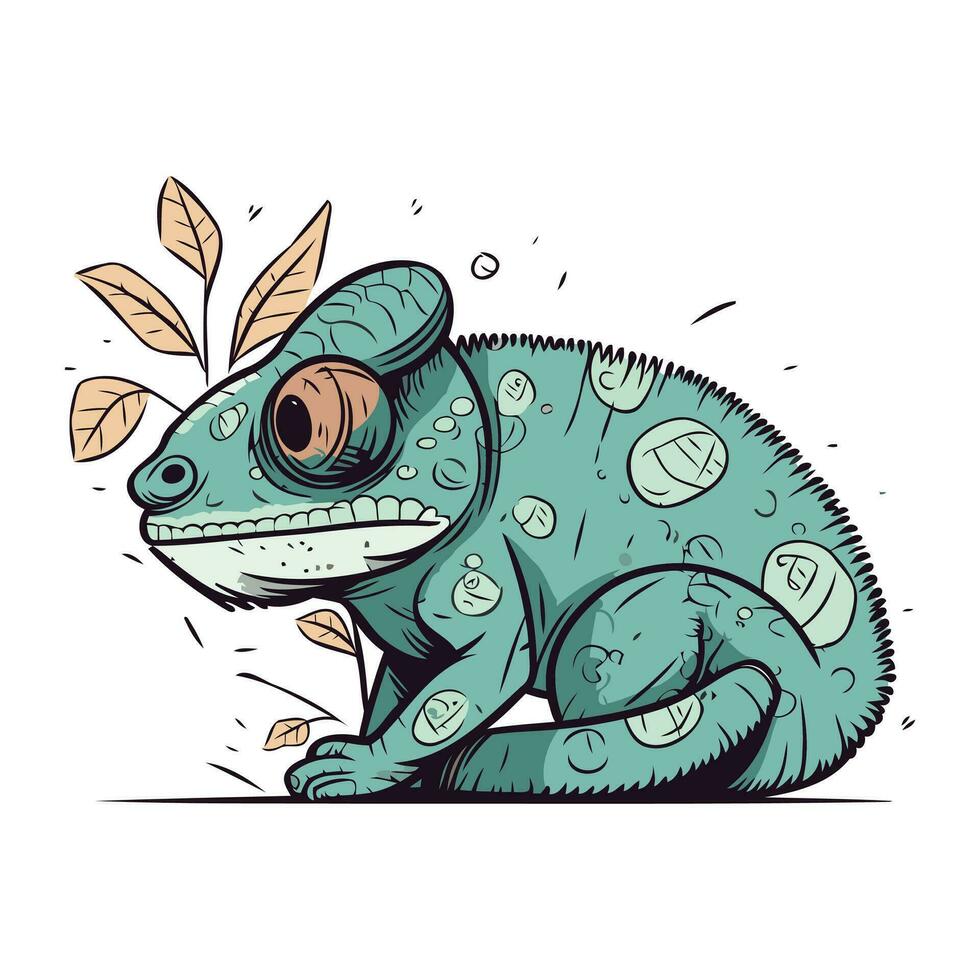 Cute cartoon chameleon with green eyes. Vector illustration.