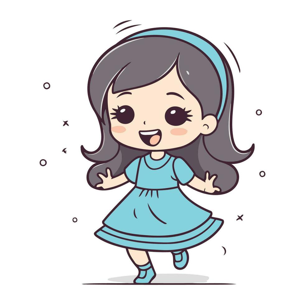 Cute little girl in blue dress. Vector cartoon character illustration.