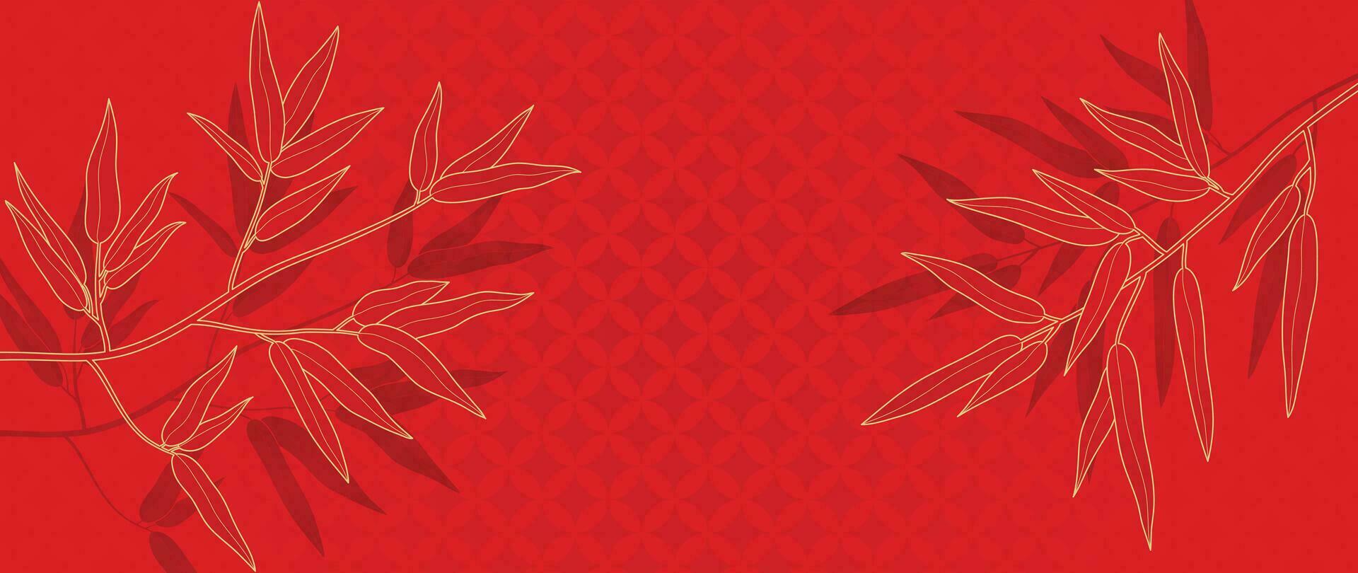Luxury oriental foliage background vector. Elegant bamboo leaves golden line art on red background. Floral pattern design illustration for decoration, wallpaper, poster, banner, card. vector